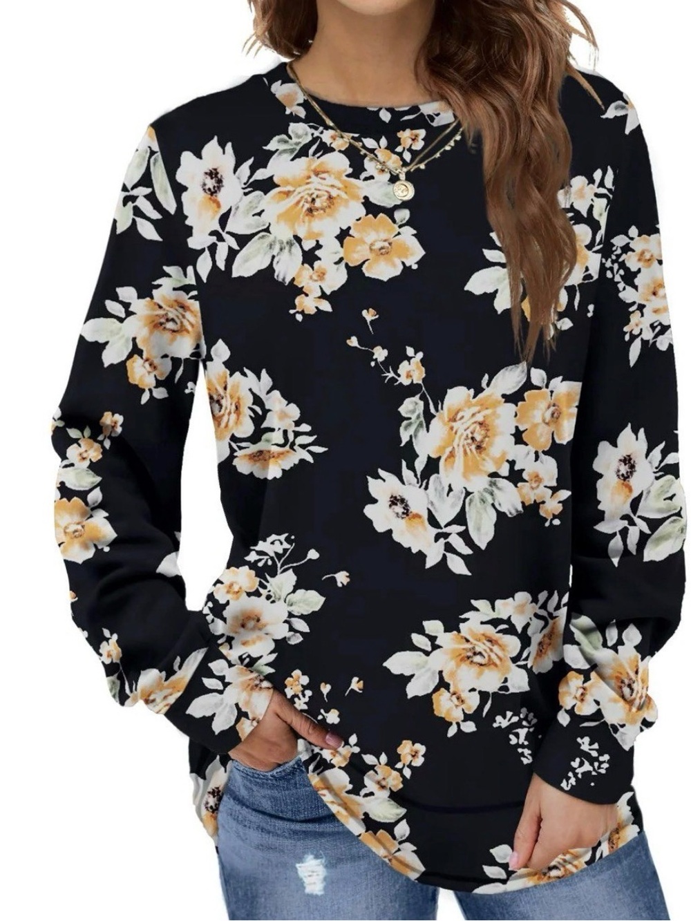 Floral Long-Sleeve Crewneck Top - Black & Yellow
